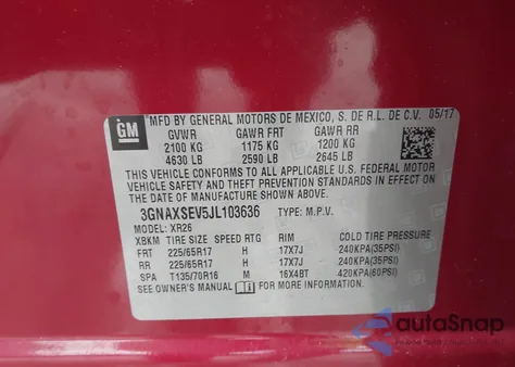 2018 Chevrolet Equinox Lt из США, поврежденный, VIN 3GNAXSEV5JL103636